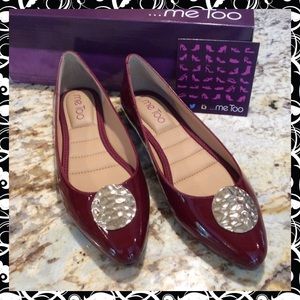 Brand New “ME TOO” Patent Burgundy/gold Flats